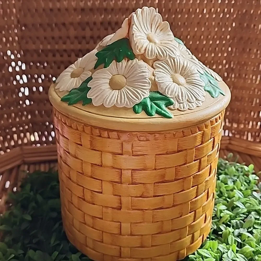 Vintage 70's Set Of 4 Daisy & Basket Weave Ceramic Canisters